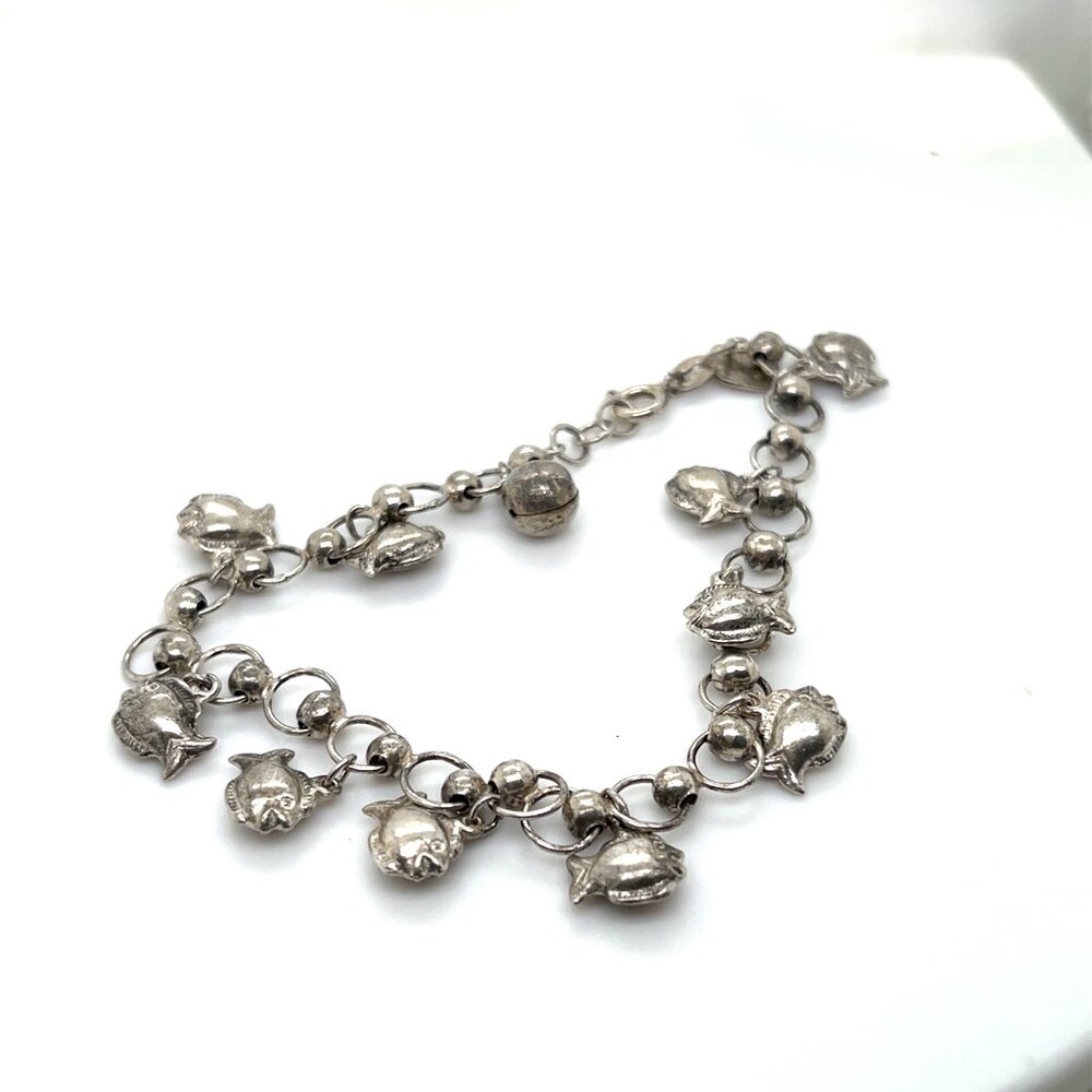 Sterling-Style Silver Charm Bracelet with Tiny Fish Charms